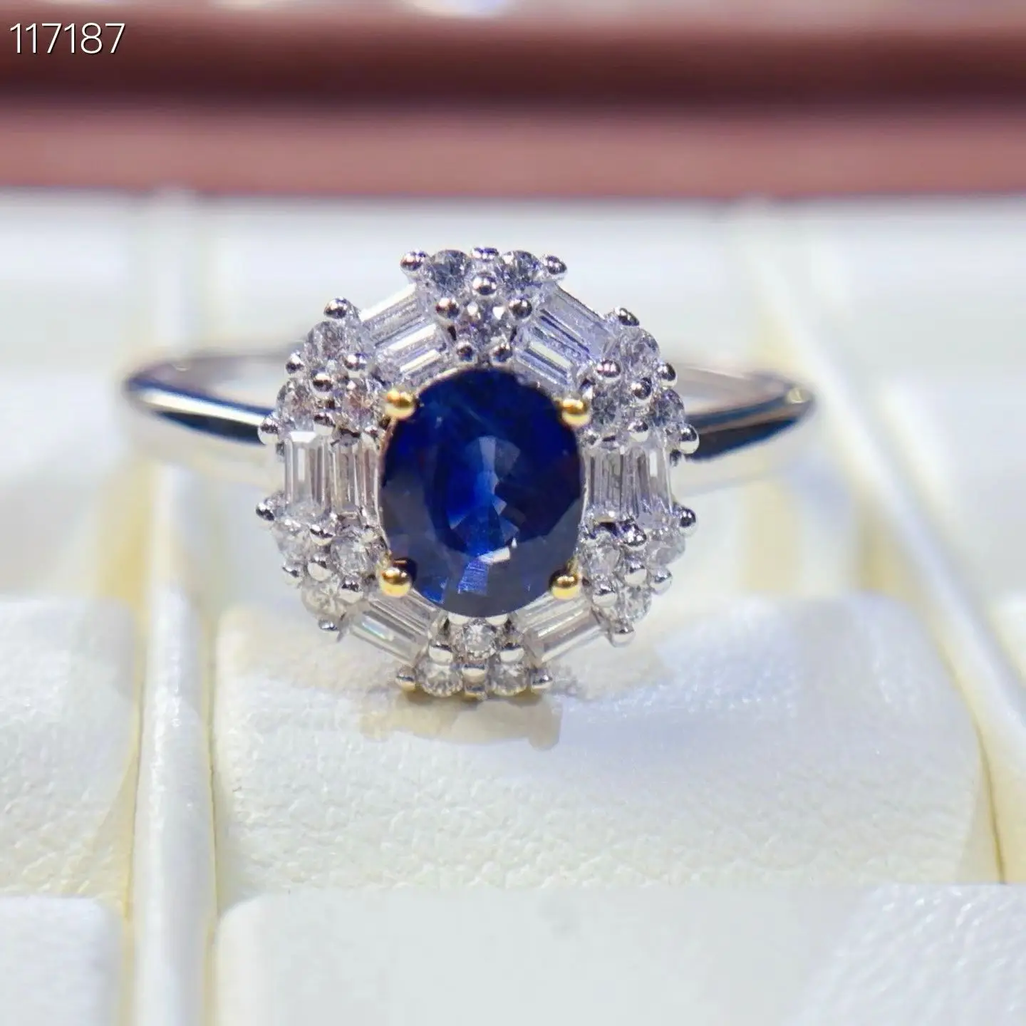 

Classic Engagement Ring for Women 925 Silver Sapphire Ring 5mm*6mm 0.6ct Natural Sapphire Jewelry with 3 Layers 18K Gold Plating