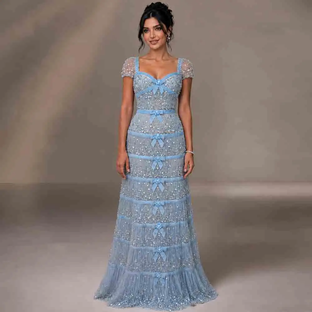 

Customized Luxury Beaded Bow Evening Dress Square Neck Short Sleeve Tiered Tulle Formal Gown for Prom Party Wedding Guest Outfit
