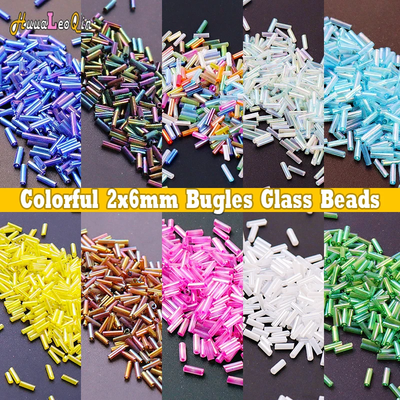 5g 2x6mm Colorful Bugles Glass Beads  Bugles Loose Spacer Seed Beads for Needlework Jewelry Making DIY Garments Accessories