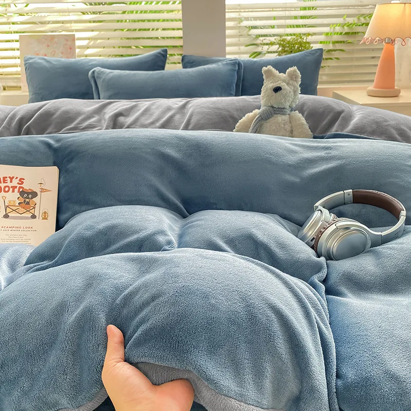Skin-Friendly Flannel Solid Color Bed Sets Simple Soft Cozy Thick Winter Bedding Set French Velvet Home Textile for Adults