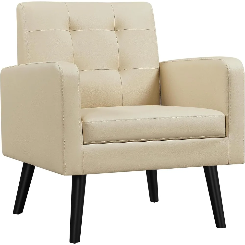 

PU Leather Modern Upholstered Living Room Chair, Cozy Armchair Button Tufted Back and Wood Legs