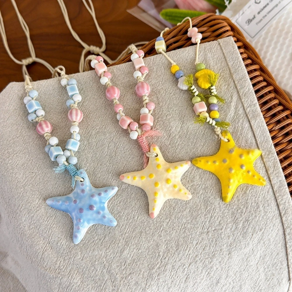 Long Starfish Beaded Necklace Women Summer Beach Style Yellow Clavicle Chain Island Vacation Aesthetic Accessory Resin Woven