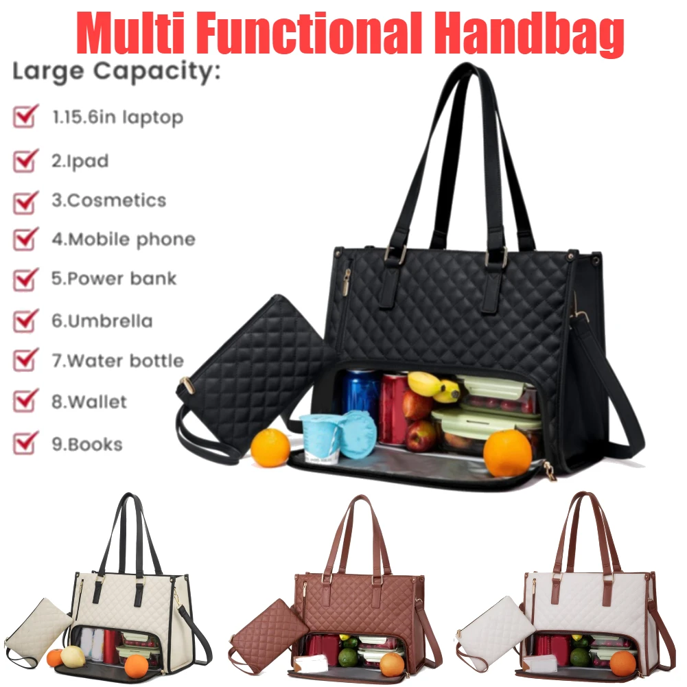 

Women Lunch Tote Bag Multi-Function Laptop Bag Multi-Compartment Quilted Handbag with Purse Large Capacity for Outdoor Work