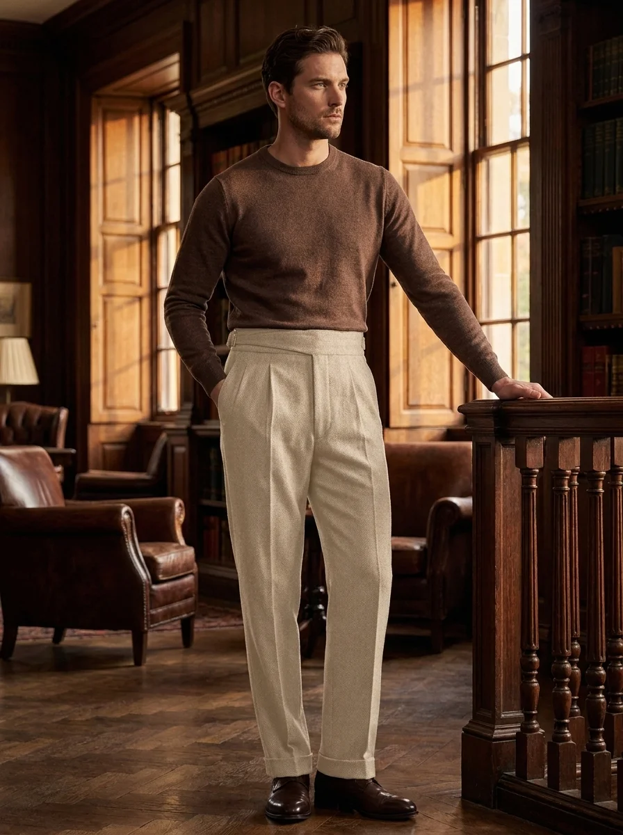 In Stock Men Tweed Herringbone Suit Pants High Waist Straight Leg Trousers Vintage Business Formal Office Male Long Pants