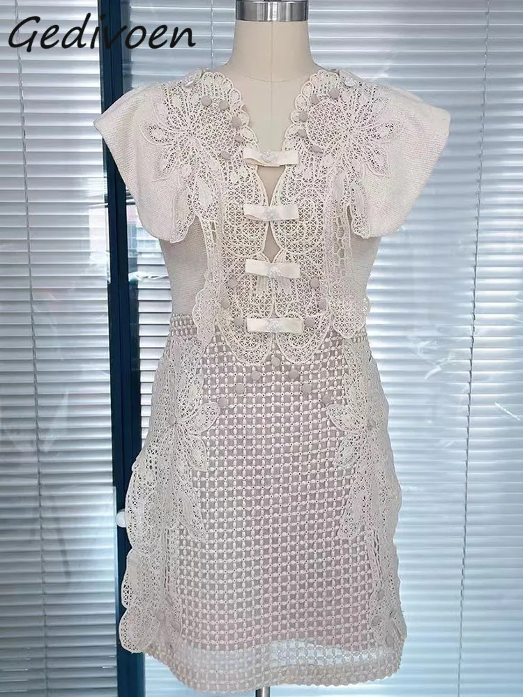 Gedivoen otoño moda pasarela blanco Vintage vestido de fiesta mujer cuello en V volantes botón arco cintura alta ajustado encaje Mini Vestido corto