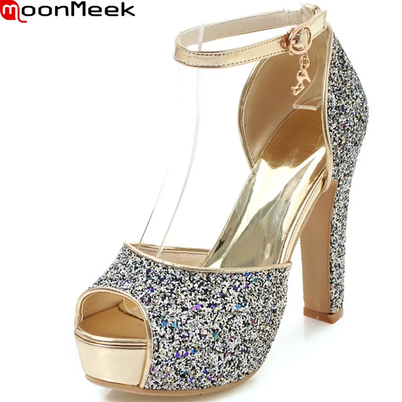 

MoonMeek 2022 New Sequined Cloth Platform Shoes Super High Heels Shoes Buckle Strap Slip On Summer Ladies Wedding Sandals