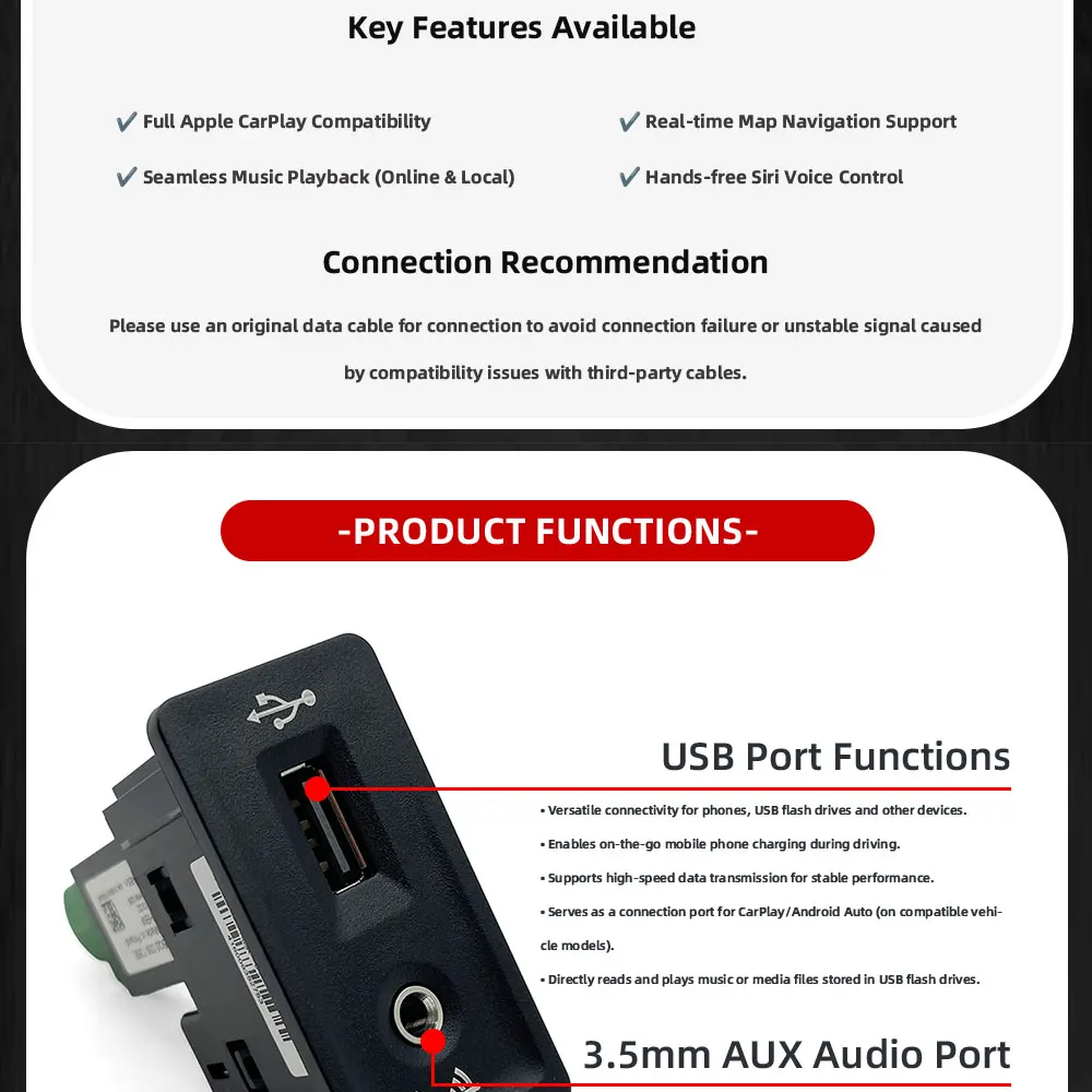 CarPlay Media USB AUX Schalter MIB2 MDI USB AMI Adapter Steckerbuchse 5Q0035726E 5Q0 035 726 E Für VW Golf 7 MK7 VII Passat B8 – Detail 4