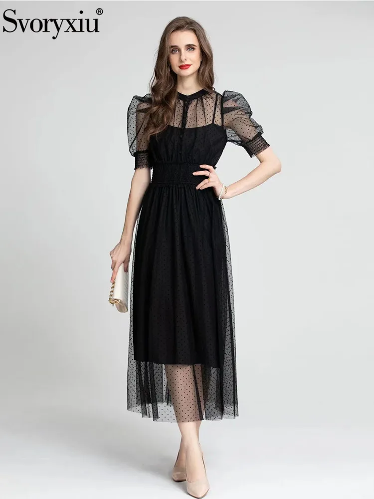 

Svoryxiu Runway Fashion Summer Black Elegant Long Dress Women's Stand Collar Net Yarn Puff Sleeve High Waist Big Swing Dress