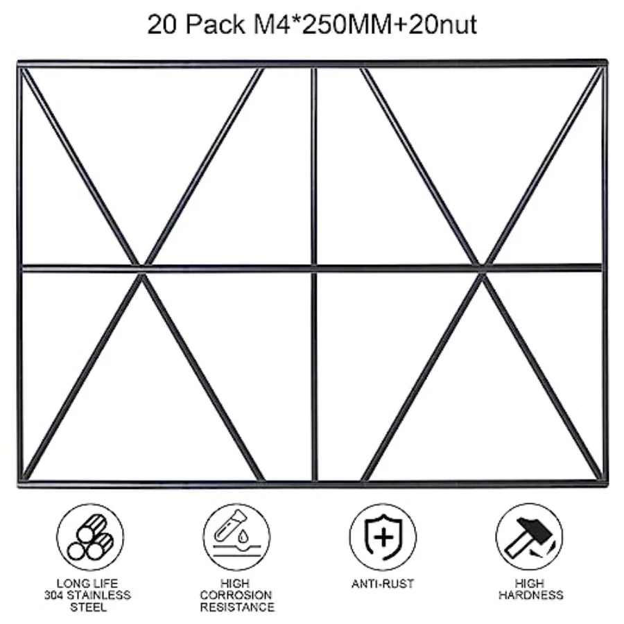 40個の8インチ32mm M4ネジ付きロッド（六角ナット付き）、10インチステンレス鋼フルネジロッド、20個の250mmネジ付きロッド、そして20個のネジ付きロッド