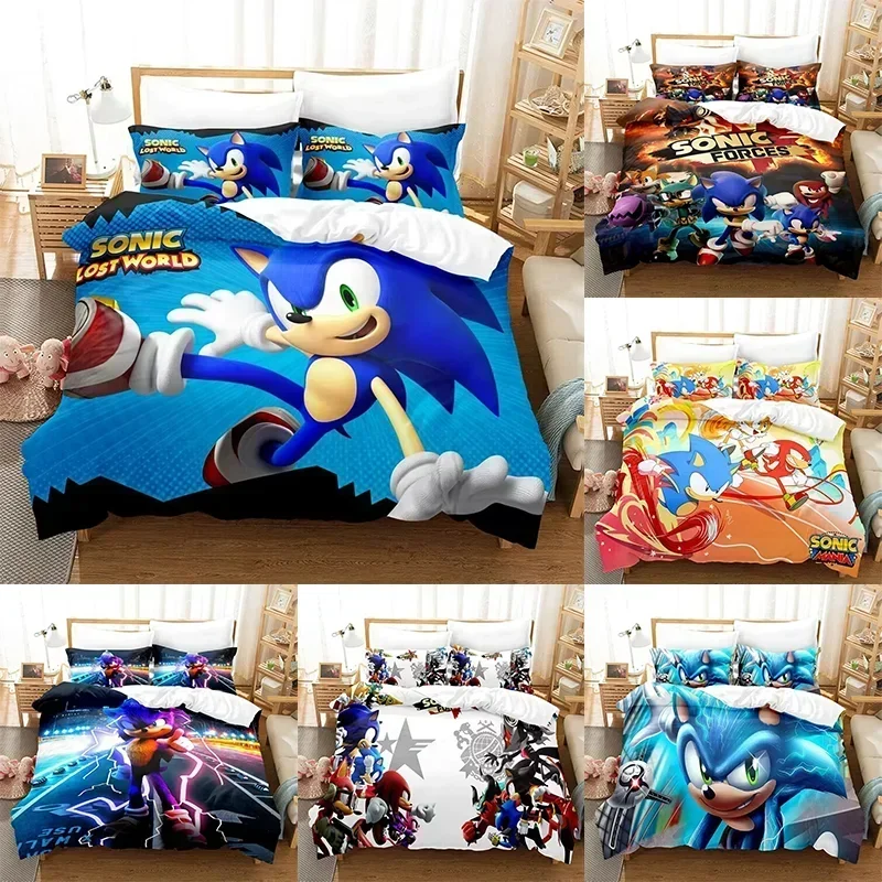 

Sonic The Hedgehog Anime Printed Bed Sheets Quilt Covers Three-piece Set for A Good Night's Sleep Warm Bedroom Living Room Decor