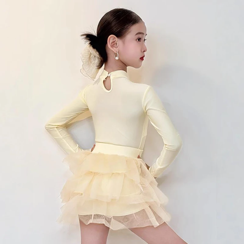

Kids Girls Latin Dance Costume Long Sleeve Bodysuit and mesh tutu Skirts Rumba Performance Practice Ballroom Competition Dresses