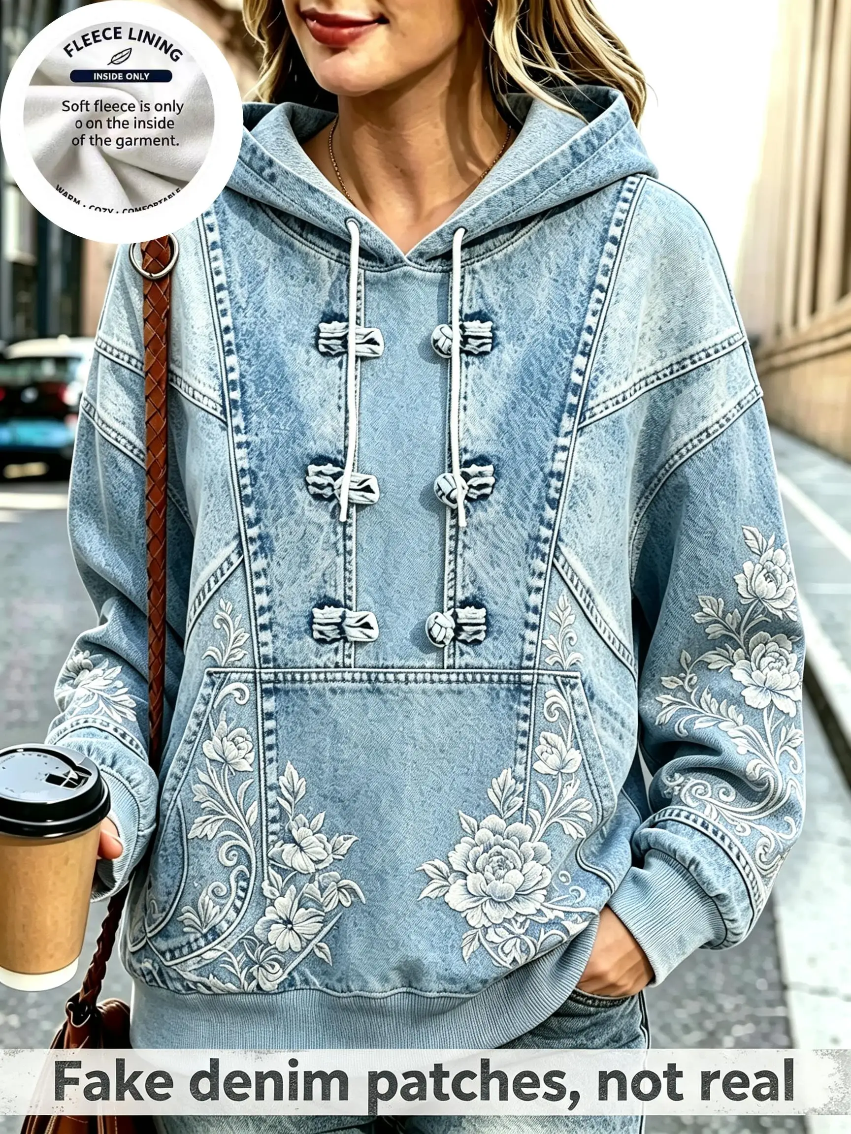 Women Fleece Hoodie, Chinese Style Fake Denim Frog Button Print Hooded Sweatshirt Ink Floral Mountain Pullover