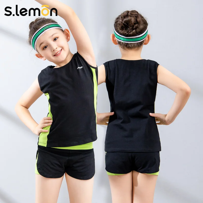 Slemon Ragazze Ginnastica Body Set Bambini Cheerleader Vestito Color Block Impiombato Canotta Manica Corta Sport Aerobica Dancewear