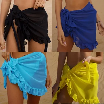 Femmes Wrap courte plage couvertures jupes Sexy maillot de bain Bikini en mousseline de soie paréo Sarong mince Transparent à volants Wrap pure jupe transparente