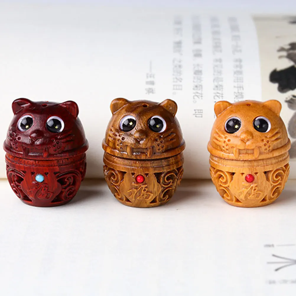 

S Tiger Pendant Locket Vintage Wooden Crafts Key Ring Necklace Bracelet Car Decor Aroma Beads Container Purify Air Home