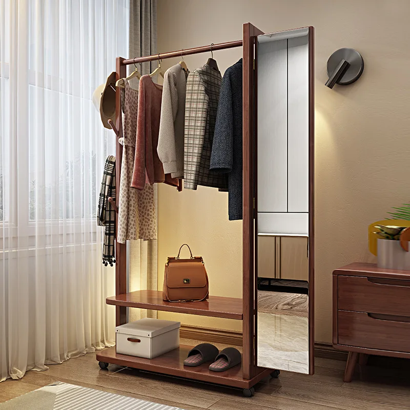 Solid wood coat rack with mirror floor to ceiling bedroom living room mobile full-length mirror clothes rack