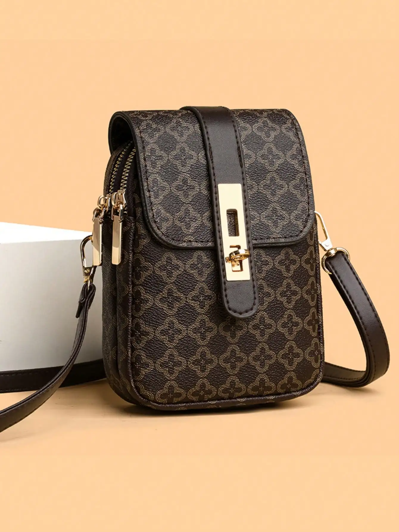 

Женская сумка через плечо из искусственной кожи с цветочным узором, двойной молнией, кольцом для ключей и карманом для телефона