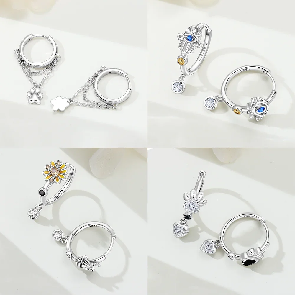 Elephant Panda Eye Flower Soccer Dangle Hoop Original Silver Plated White Earrings Women' Anniversary Delicate Fine Jewelry Gift