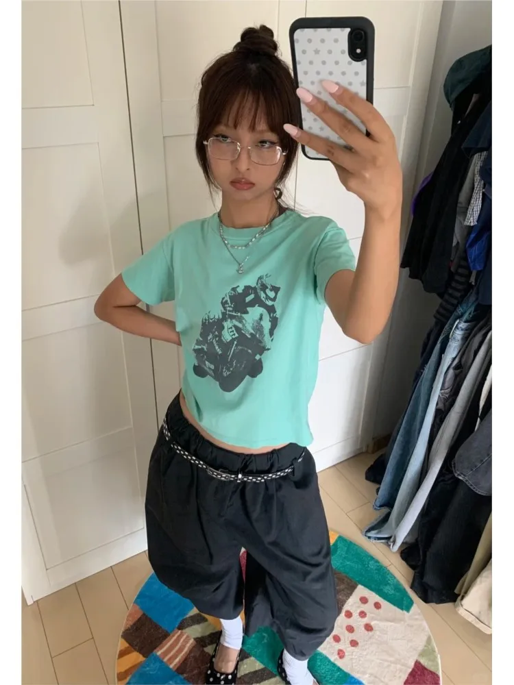 Motorcycle Print Mint Green T-shirts Women Streetwear Simple Cotton O-neck Short Sleeve Tees Vintage Preppy Style T Shirt Y2K