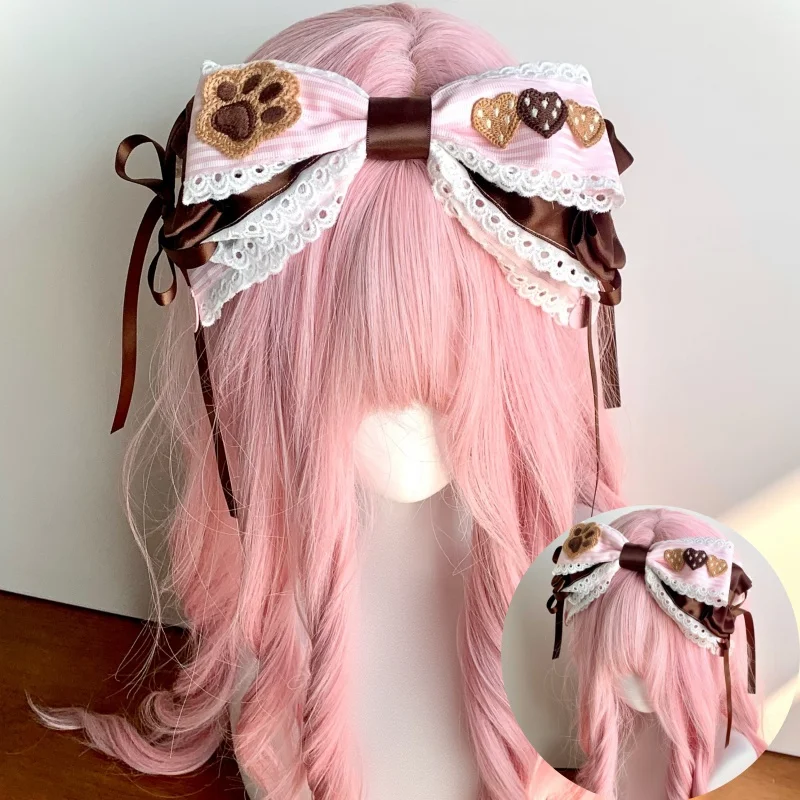 オリジナルピンクブラウンストライプハートボウヘッドバンドkcかわいい犬の足ヘアフープロリータストロベリーチョコレートヴィンテージヘッドピース