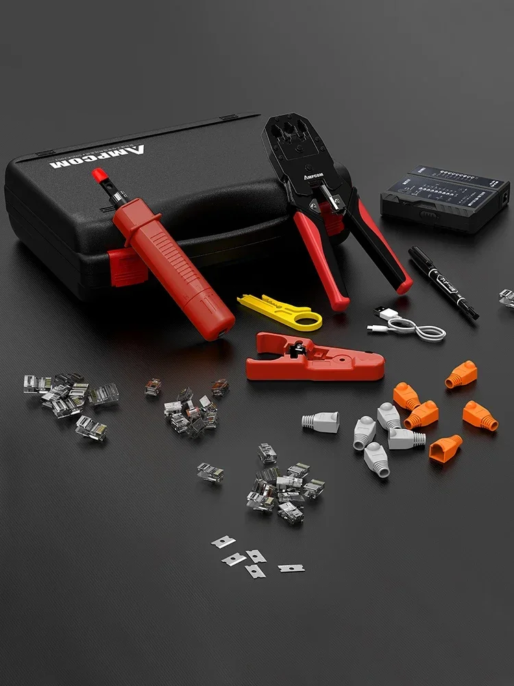AMPCOM 12-in-1 netwerktoolkit, professionele draagbare Ethernet-computeronderhoud LAN-kabeltester Crimper Cutter Repair Se - afbeelding 2
