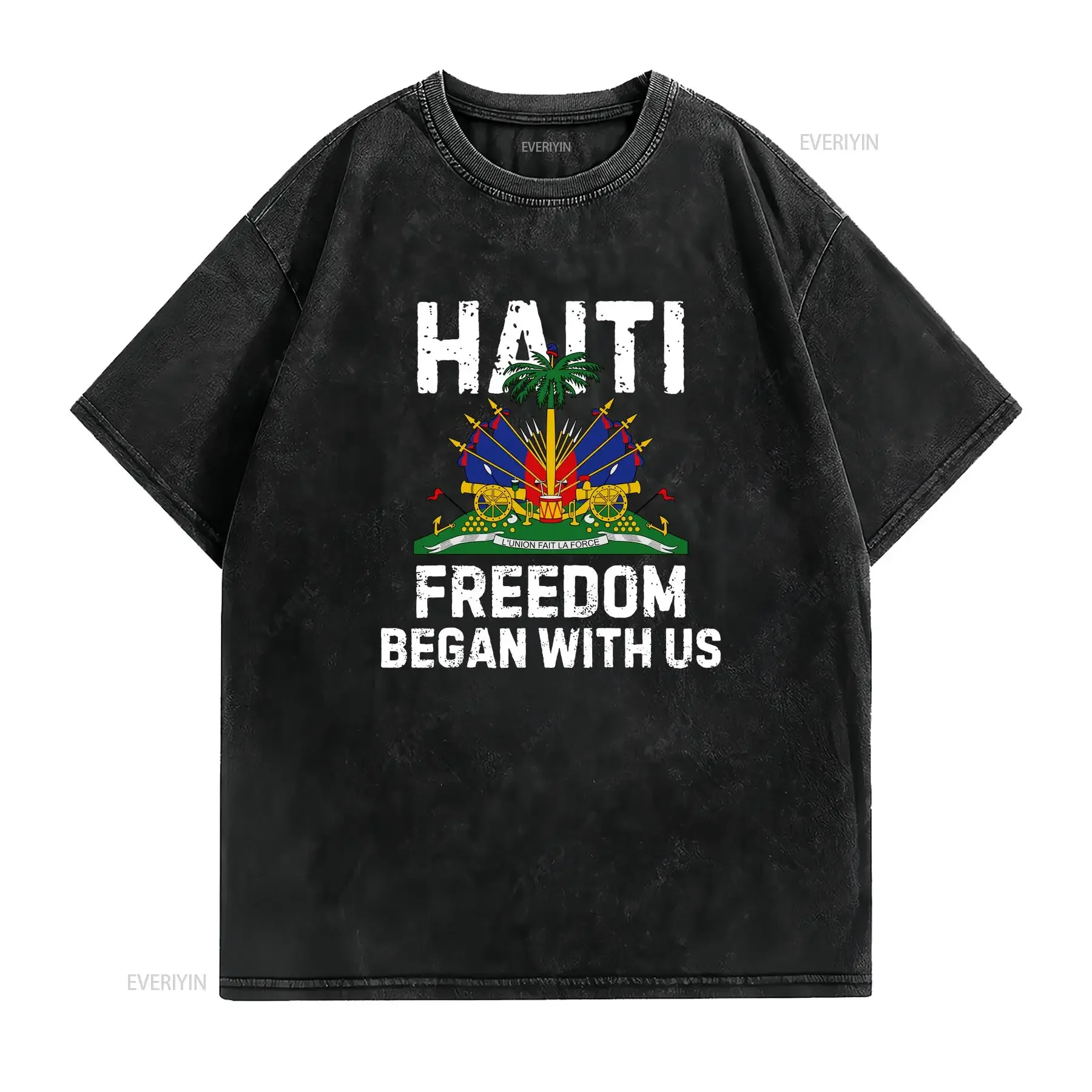 Freedom Began With Us Happy Haitian Flag Day Haiti T Shirt  vintage Washed Stretched homme Versatile Soft Comfortable Unisex