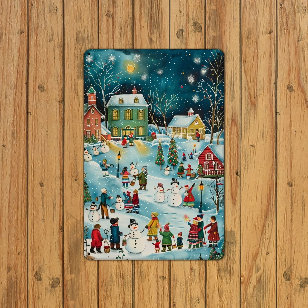 Vintage Village Christmas Metallic Tin Painting - 8x12 Inch Wall Decor for Home Bedroom Pub Cafe Library and Garage Decoration