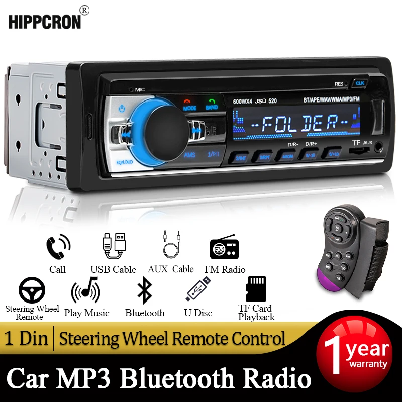 Car radio 1 Din MP3 Player FM Audio Music USB SD Digital Bluetooth with In Dash Slot AUX Input