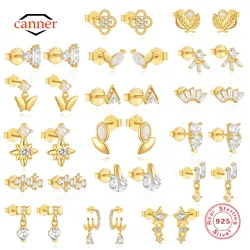 CANNER 1 Pair Octagonal Star Horse Eye Zircon Stud Earrings For Women 925 Sterling Silver Ins Minimalism Geometric Earrings Gift