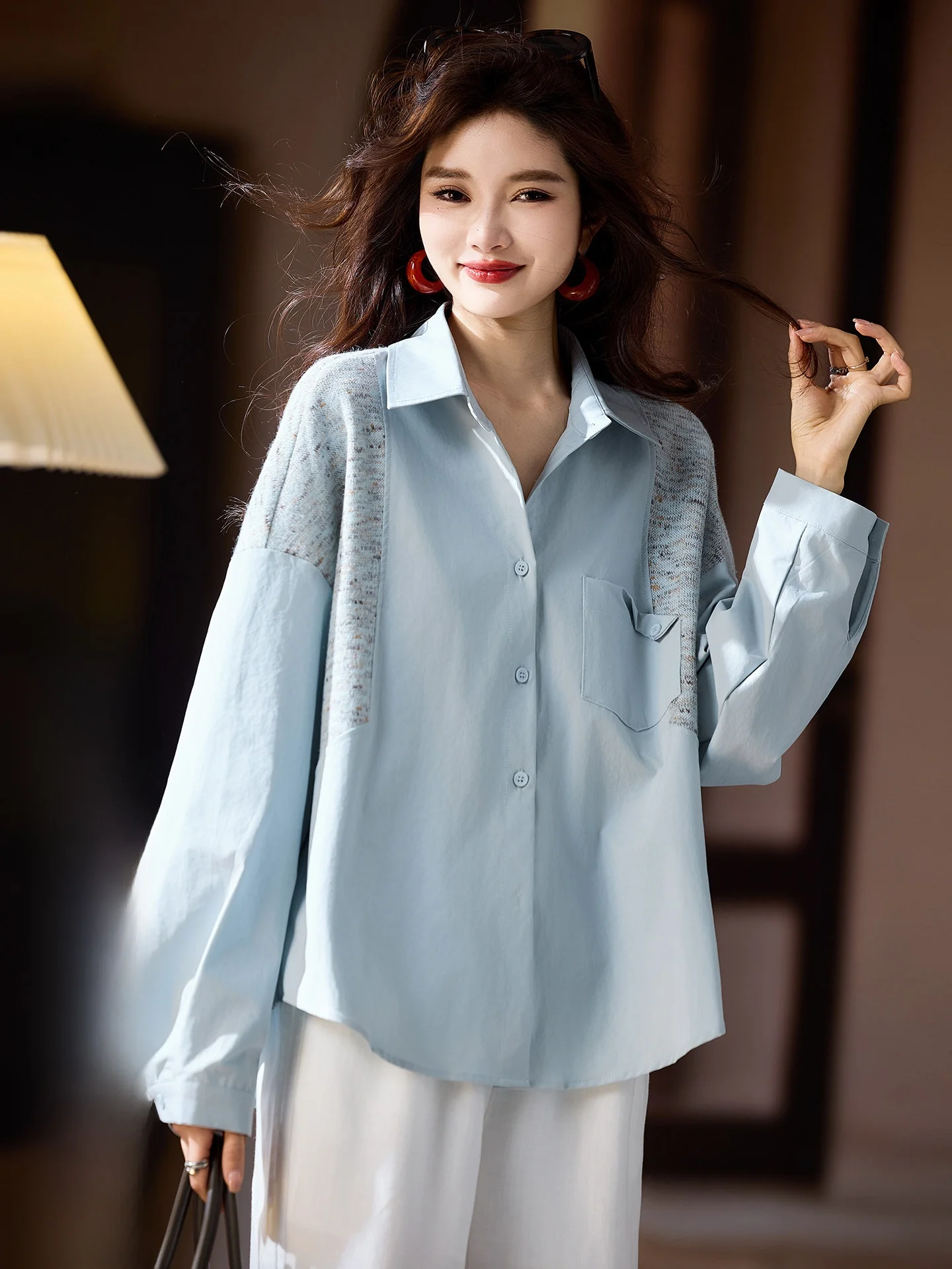 

Loose Long Sve Patchwork Collar Women's irt Street Sle Spring 2026 New Faion Casual Breathable Polyester Blend