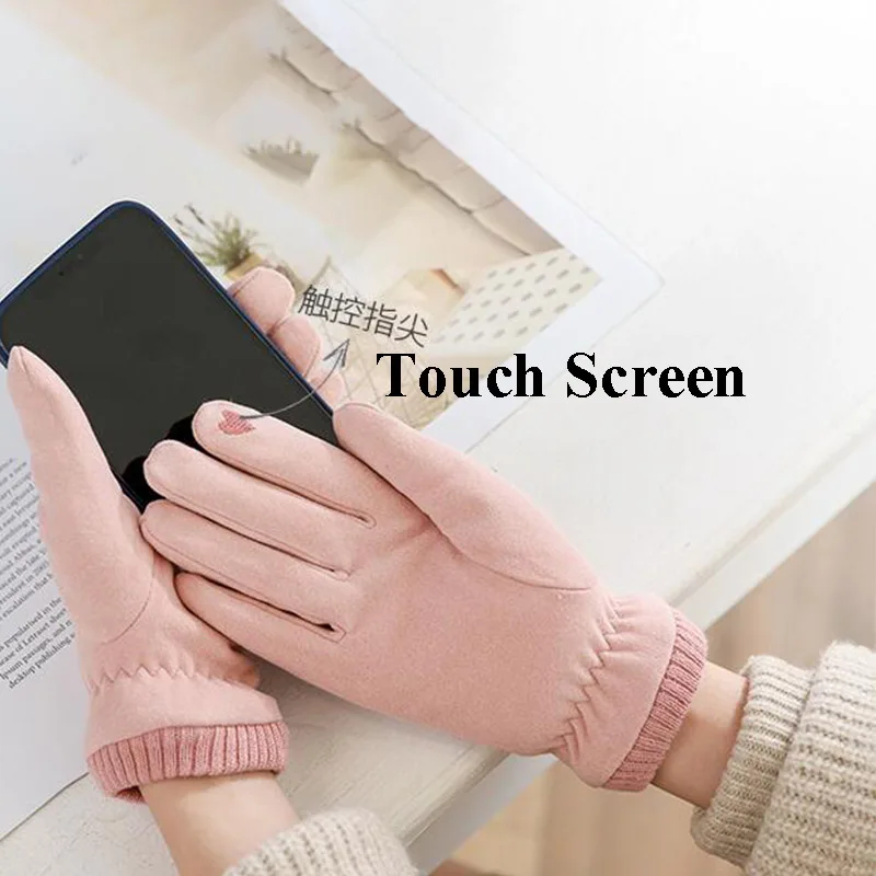 Suede Winter Women Gloves Touch Screen Thicken Velvet Warm Full Finger Windproof Autumn Outdoor Bicycle Female Gloves