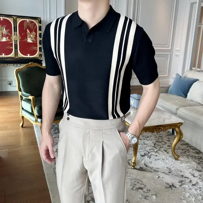 قميص بولو رجالي ياباني عصري من القطن والحرير الجليدي صيفي عالي الجودة بلون سادة وأكمام قصيرة