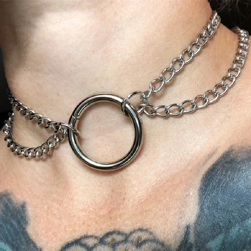 Podwójny łańcuch O Ring Choker warstwowy Choker naszyjnik Goth Punk alternatywna biżuteria Bdsm dzień kołnierz biżuteria kobiety moda prezent