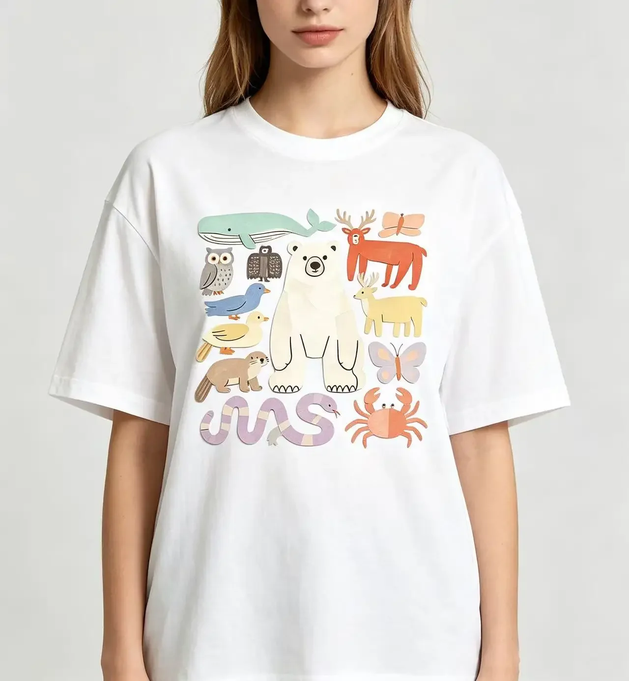 Unisex Paper‑Cut Style Arctic Wild Animals Graphic T‑Shirt Men Women Bear Whale Deer Owl Print Casual Short Sleeve Street Tee