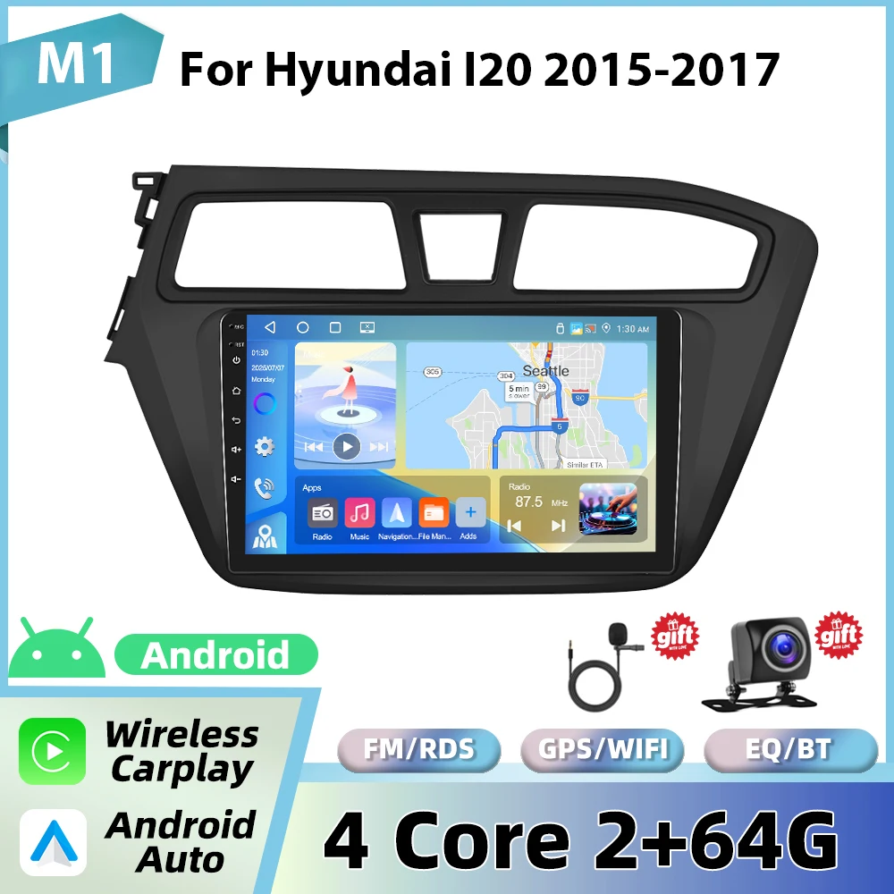 Podofo draadloze CarPlay voor Apple voor Hyundai I20 2015-2017 Android Auto autoradio GPS FM/RDS stereo WiFi BT multimediasysteem - afbeelding 1