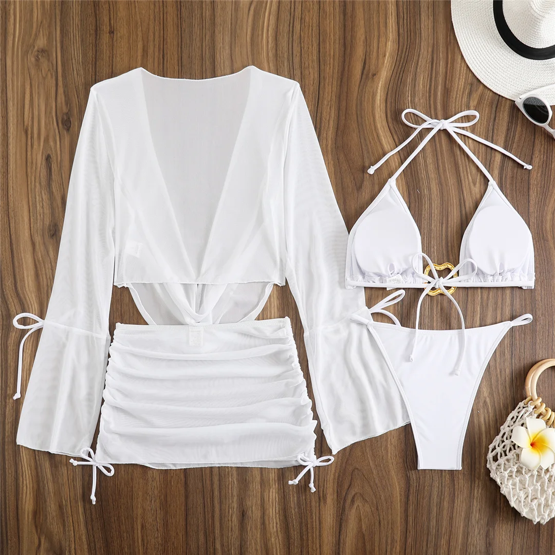 3-teiliges weißes Bikini-Set mit langen Ärmeln, Rock und Badeanzug für Damen, Badebekleidung, vierteiliges Bikini-Set, Badeanzug, Badebekleidung, Schwimmanzug V7015 – Detail 8