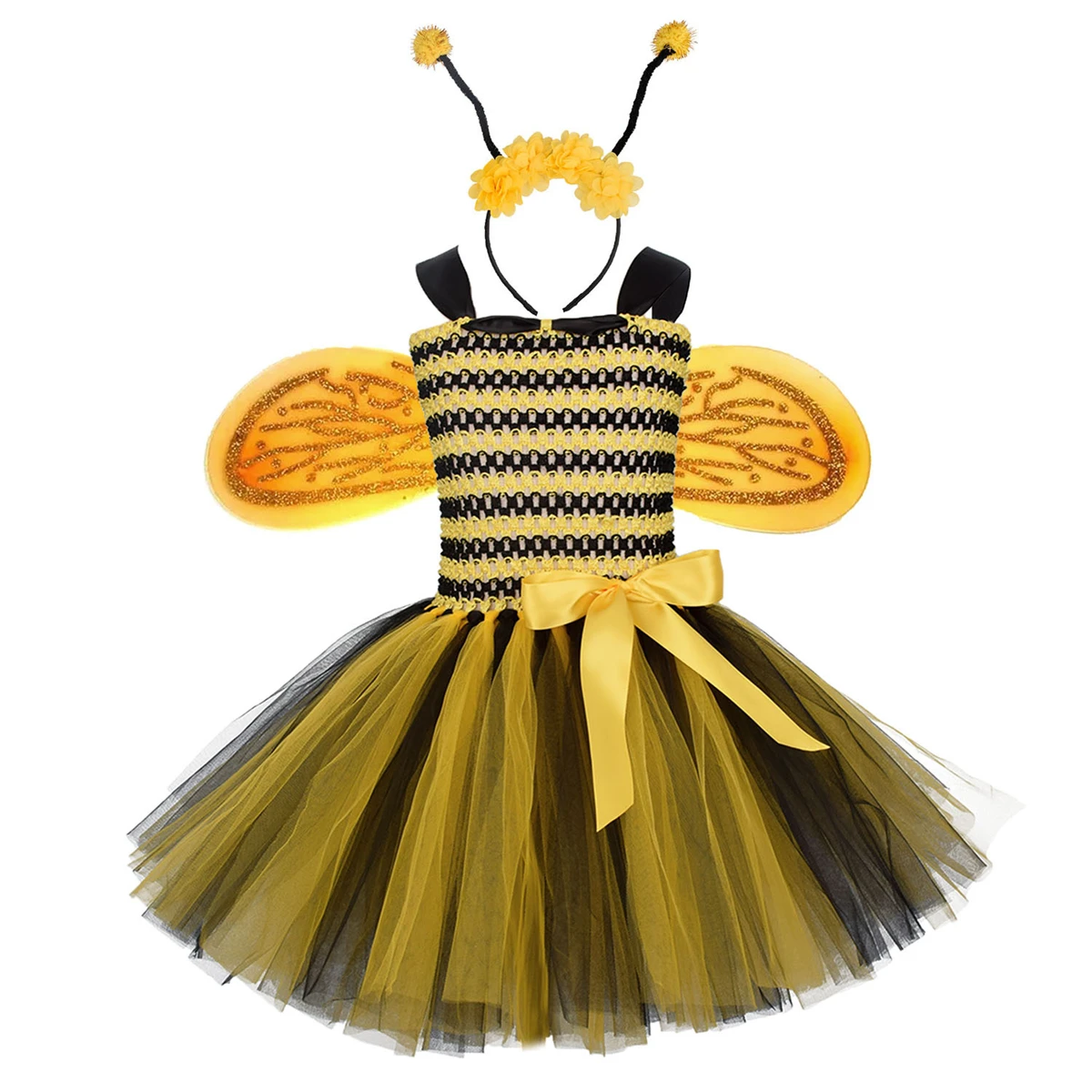 Girls Little Bee Tutu Dress Halloweeen Cosplay Costume Tulle Flowers Kids Holiday Party Honeybee Fairy Fancy Dress Up Outfit