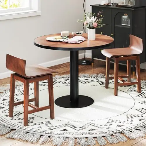 Swivel Solid Wood Dining Stools Set of 2, 19-inch Counter Height Chairs with Low Back, Footrest, Farmhouse Wooden