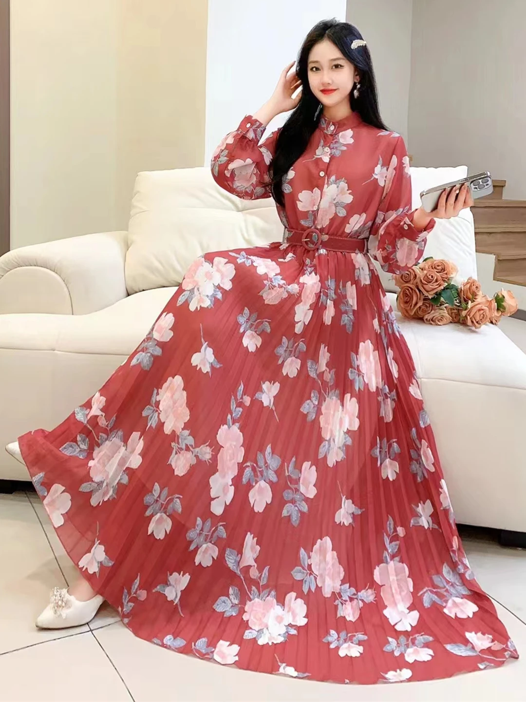 2024 New Spring Autumn Women Long Sleeve Belt Slim Long Dress High Quality Sweet Flowers Print Pleated Big Hem Chiffon Dress