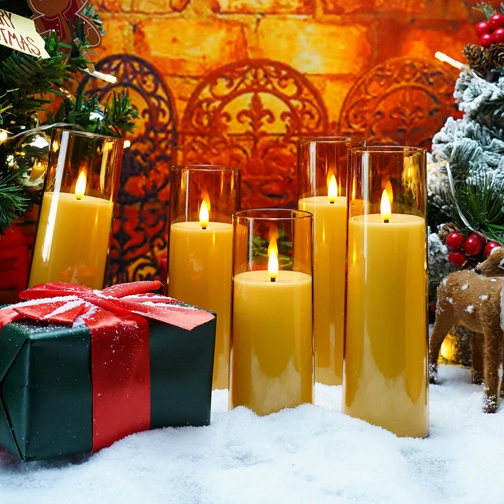 Set of 5 Classic Style Gold LED Candle Lights Remote Timer Flameless Christmas Decor for Home Birthday Gift Holiday Party Favor