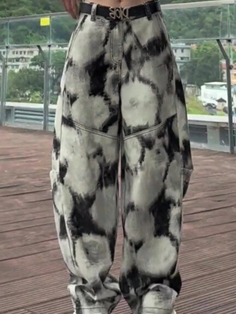 

2025 autumn plus size women's design sense dyeing wide leg jeans pear shaped figure slimming curved knife floor pants