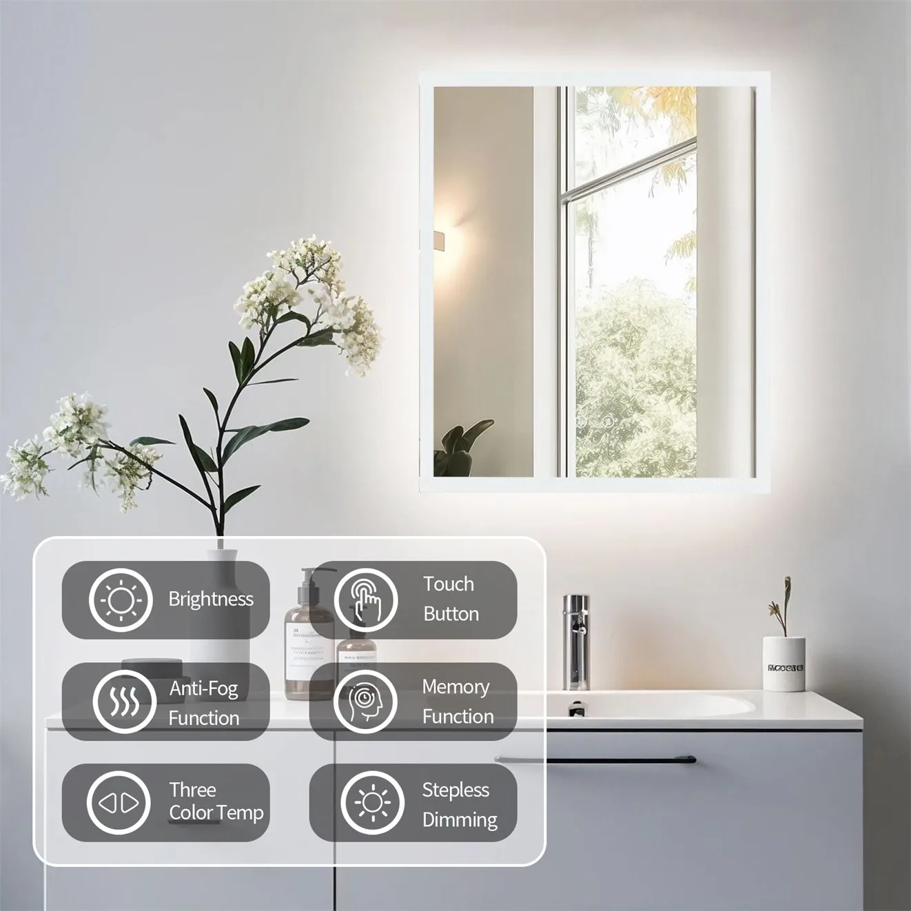 Bathroom Mirror w LED Lighting 50 60 70 80 CM Wall Mirror w Anti-fog, Dual buttons, Memory, Tri-color light, Touch Dimmable