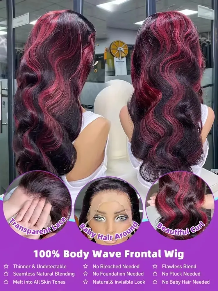 1B/99j بورجوندي تسليط الضوء على الدانتيل شعر مستعار أمامي البرازيلي تسليط الضوء على الجسم موجة خصلات الشعر المستعار الإنسان أومبير الملونة 13x6 Hd الدانتيل شعر مستعار أمامي