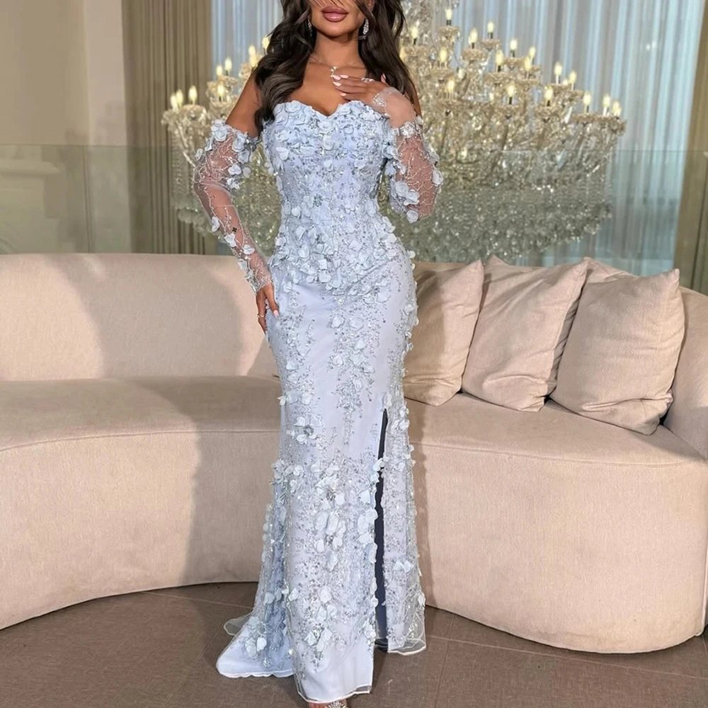 

Luxury Arabic Evening Formal Dress Strapless Lace 3D Flower Gloves Slit Long Mermaid Prom Pageant Party Gowns Robe De Soiree