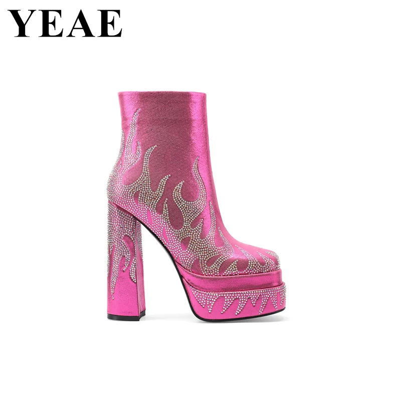 

2024 New Flame Rhinestone Ankle Boots Women Platform Thick Sole Chunky Party Dress Shoes Square Toe High Heels Short Boots Woman