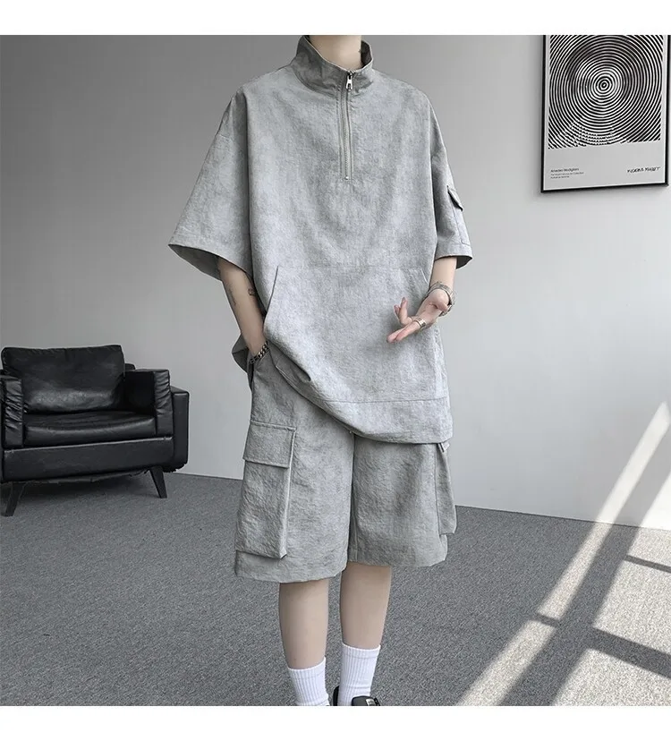 2026 Sommer Hong Kong Style Halb-Reißverschluss-Färbe-Set aus Eisseide mit Kühlfunktion, zweiteiliges Sportswear-Outfit im Hanfu-Stil mit kurzen Ärmeln – Detail 18