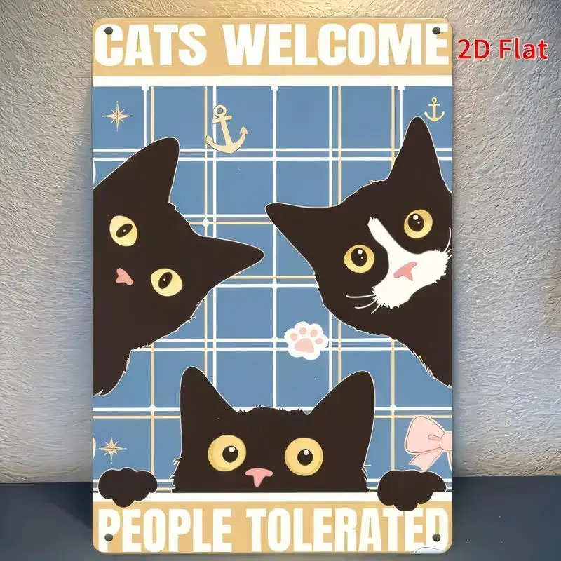 2D Flat Cats Welcome People Tolerated Black Cats Metal Tin Sign - Retro Grid Anchor/Paw/Bow Design, Blue, Iron, Cat Lovers Home/