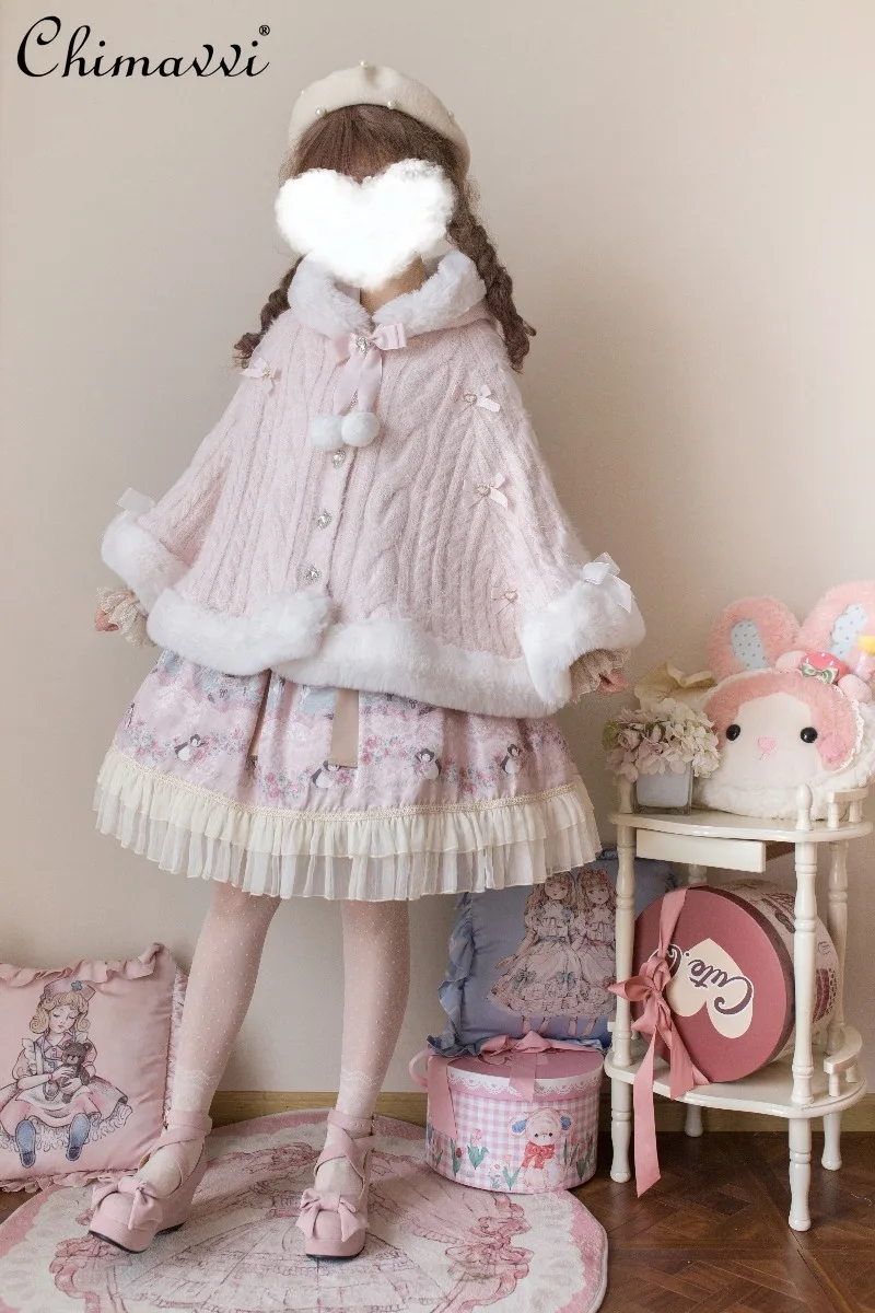 Sweet Lolita Plush Cloak Autumn and Winter Women's Fur Ball Warm Thickened Poncho Fleece Jacket Girls Women's Hooded Capes