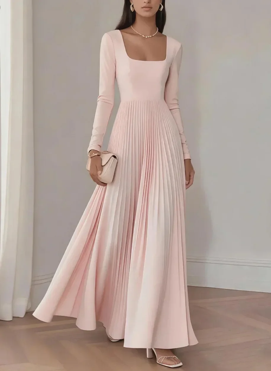 Modisches Maxikleid mit eckigem Ausschnitt, langen Ärmeln, enganliegendem Oberteil, hoher Taille und plissierter Rockpartie – Kleid für Hochzeitsgäste – Detail 3