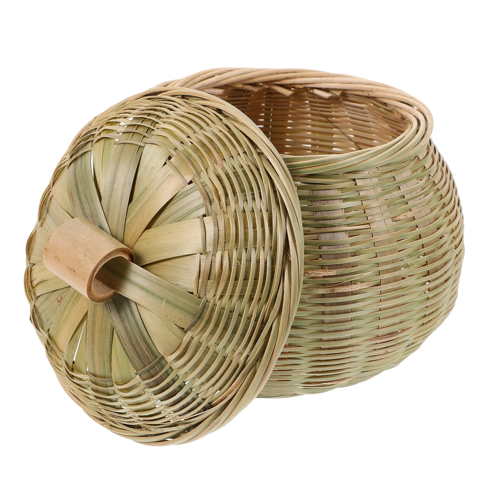

Bamboo Storage Basket Round Woven Organizer for Home Desktop Sundries with Lid Handcrafted -Functional Small